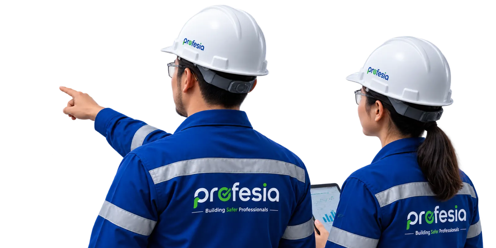 Dua profesional Profesia dengan helm keselamatan mengamati data kinerja K3