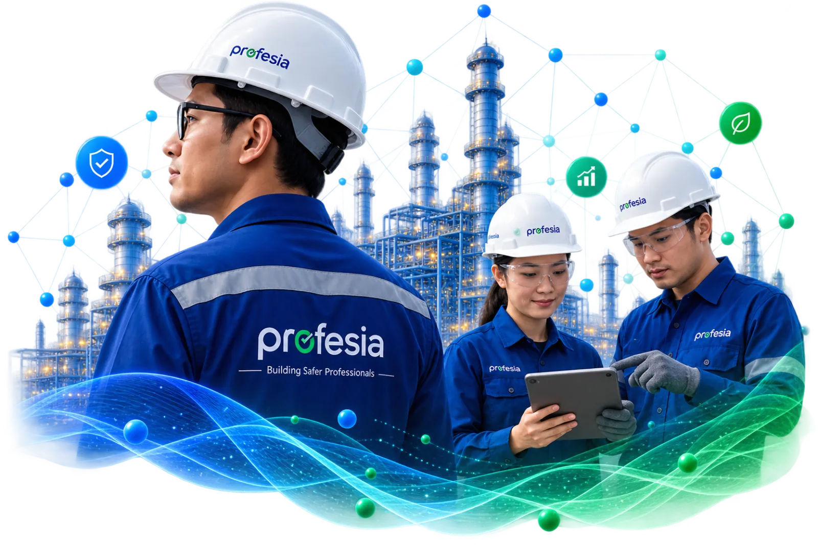 Tiga profesional K3 Profesia di depan fasilitas industri dengan grafik jaringan