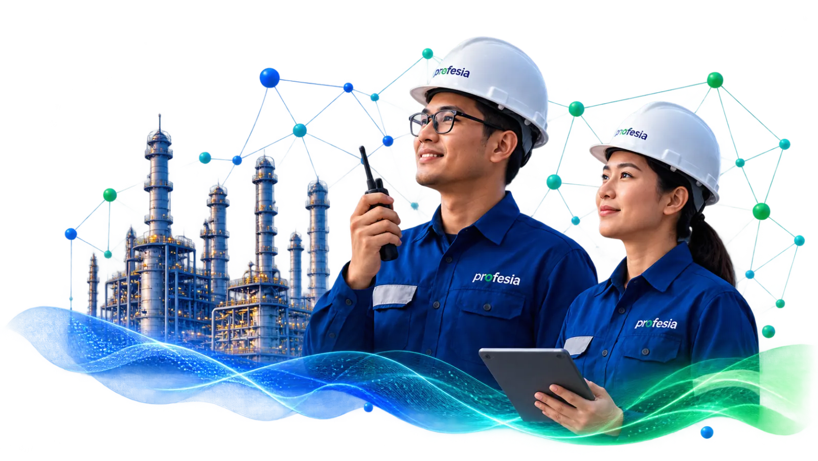 Profesional K3 Profesia dengan latar fasilitas industri dan grafik jaringan
