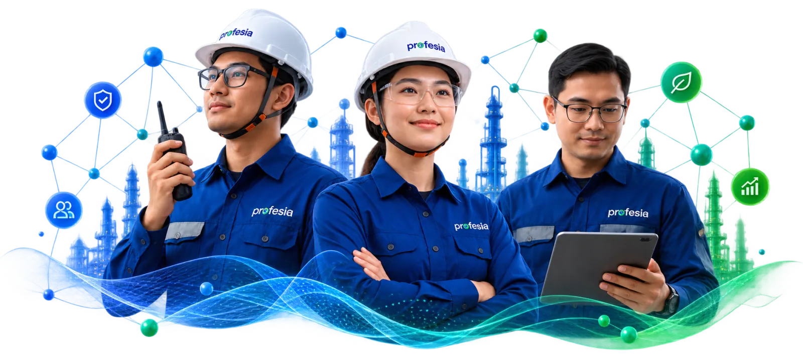Tiga profesional K3 Profesia dengan latar fasilitas industri