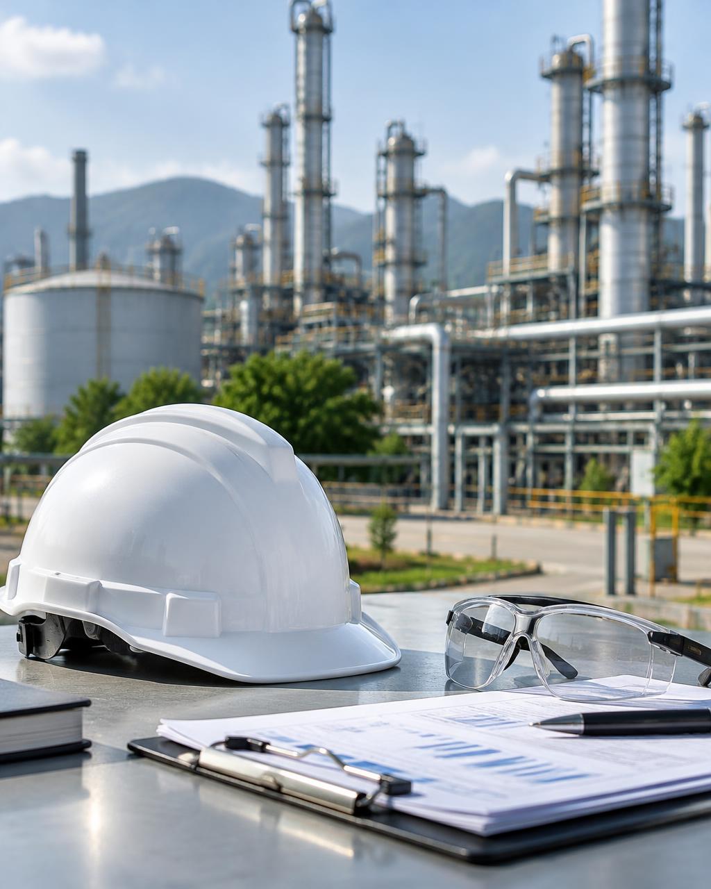 Helm keselamatan putih, kacamata pelindung, dan dokumen K3 dengan latar fasilitas refinery
