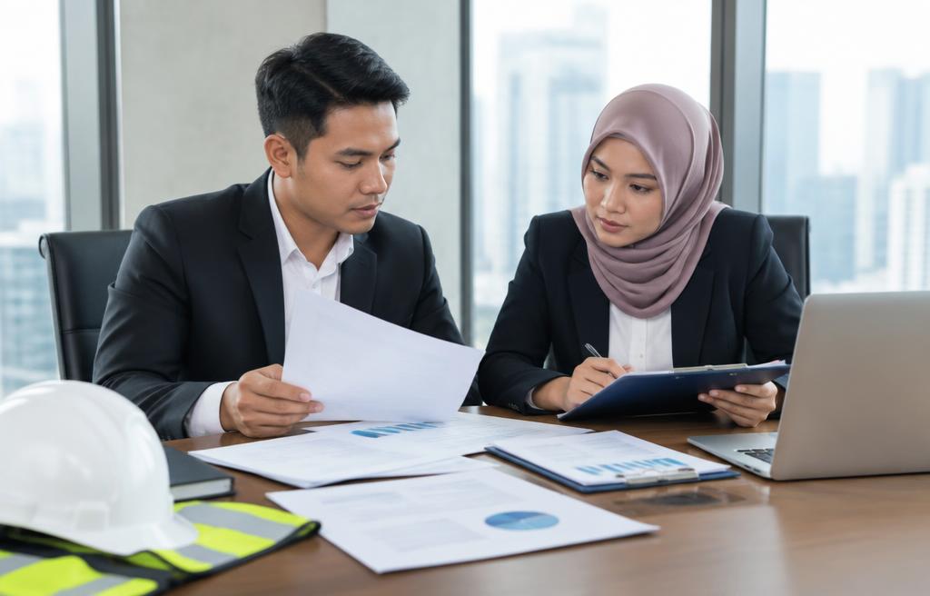 Dua profesional meninjau dokumen audit dan checklist kepatuhan di meja rapat