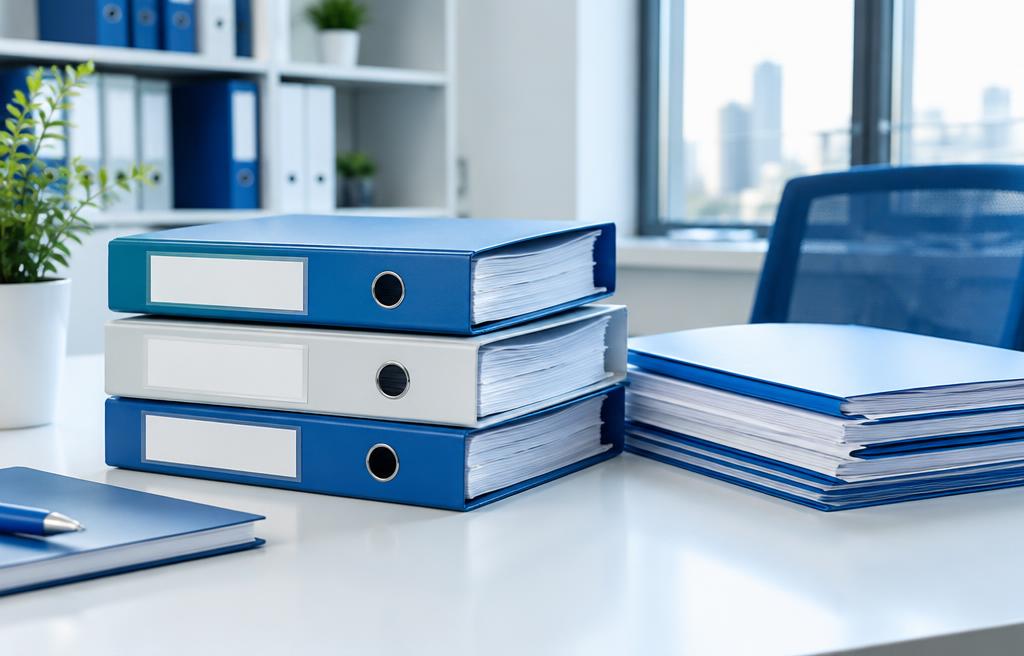 Dokumen K3 tersusun rapi dalam binder biru dan putih di meja kantor