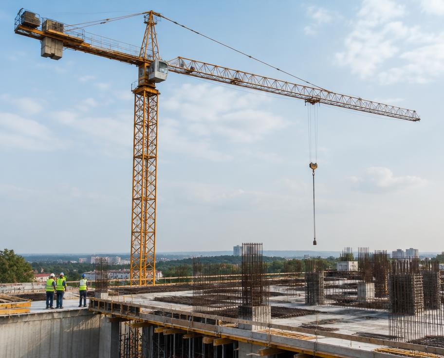 Proyek konstruksi dengan tower crane dan pekerja ber-APD