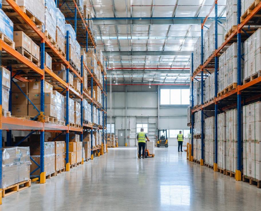 Gudang logistik modern dengan pekerja berompi keselamatan