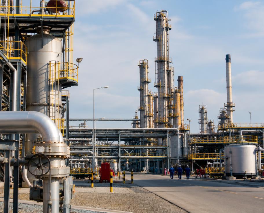 Fasilitas migas dengan menara refinery dan pipa industri