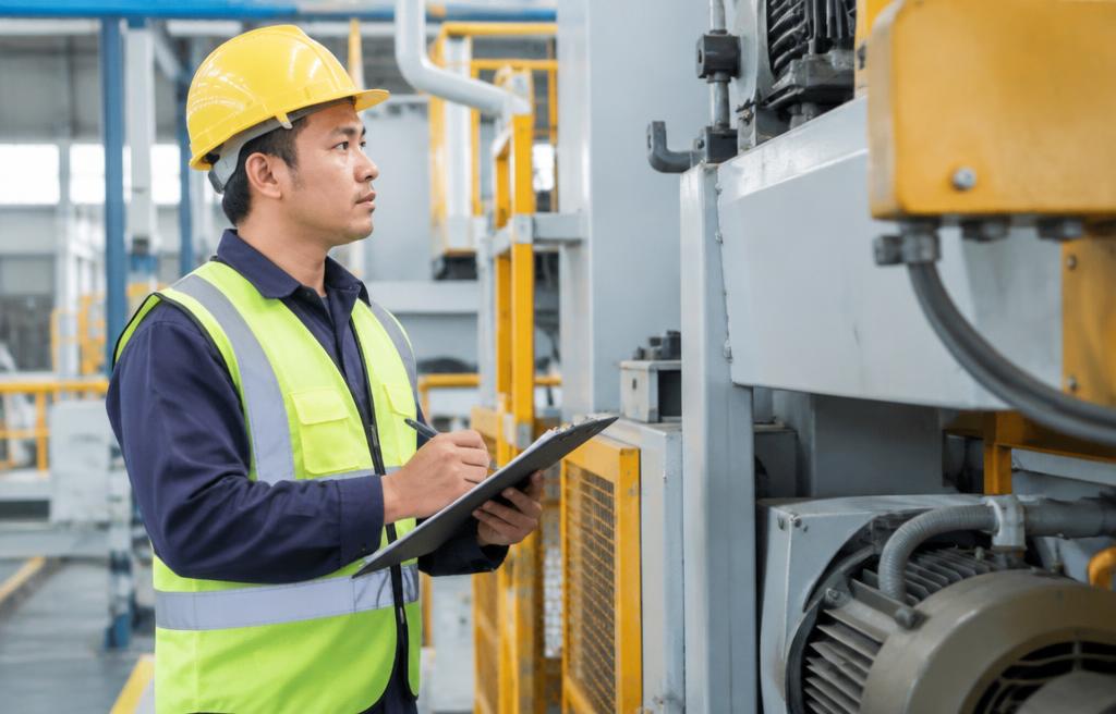 Profesional K3 berhelm kuning melakukan Job Safety Analysis di area industri