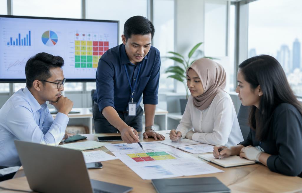 Tim profesional mendiskusikan analisis risiko dengan bagan dan matriks risiko