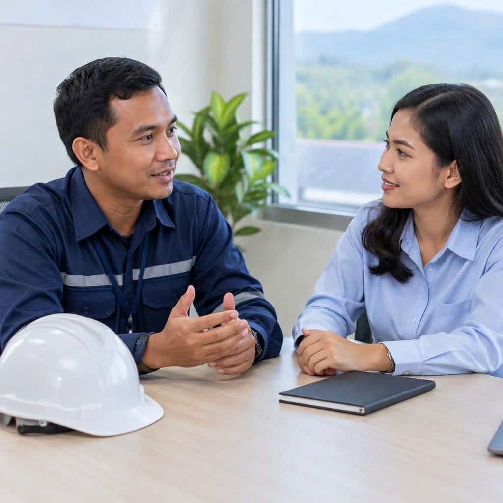 Profesional K3 dan perwakilan perusahaan berdiskusi di ruang meeting