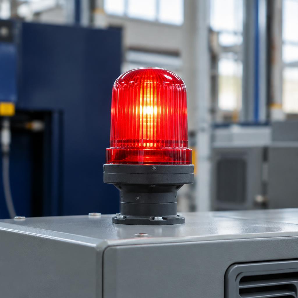 Lampu peringatan darurat merah menyala di lingkungan industri
