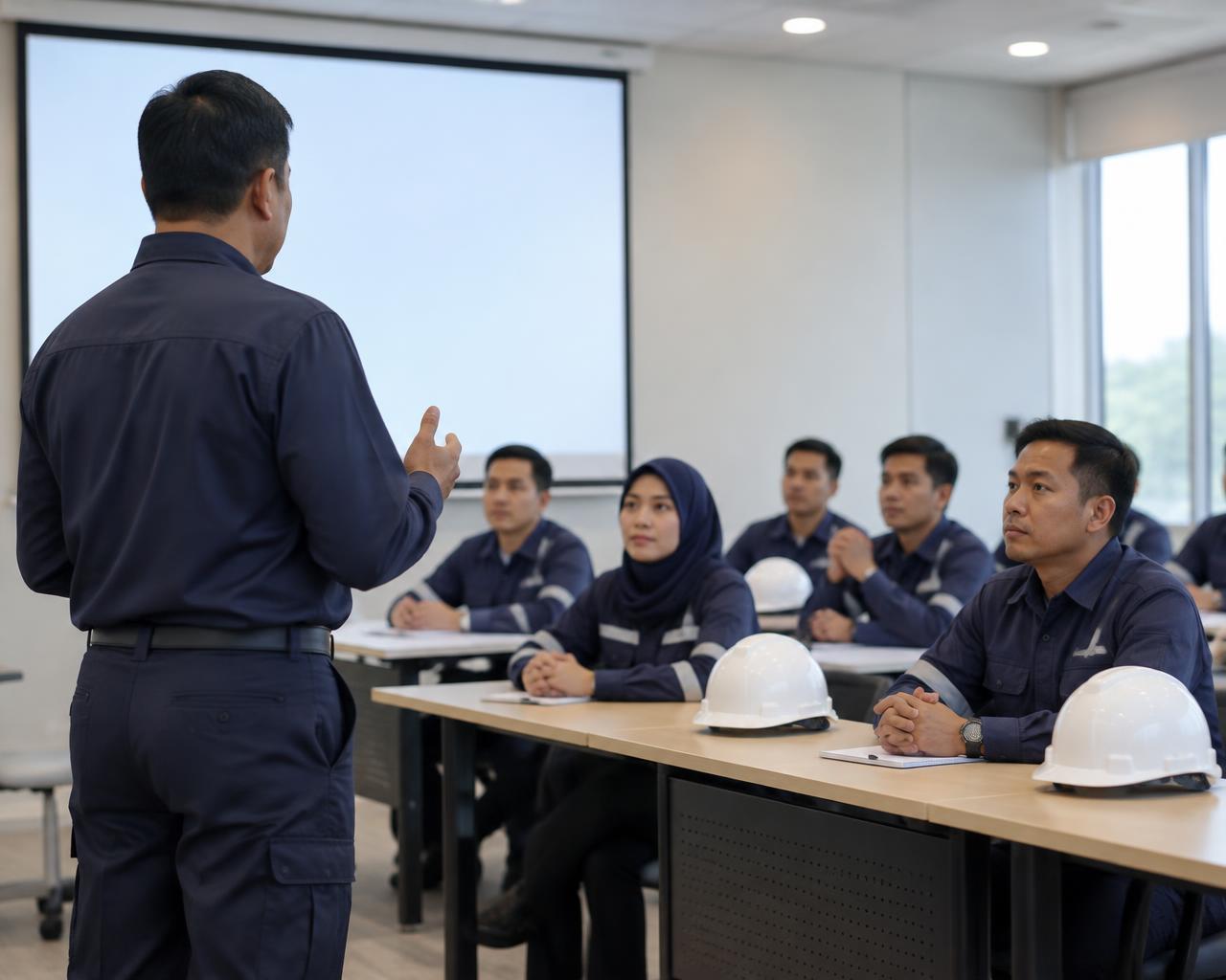 Instruktur K3 berseragam navy menjelaskan materi kepada karyawan di ruang pelatihan perusahaan
